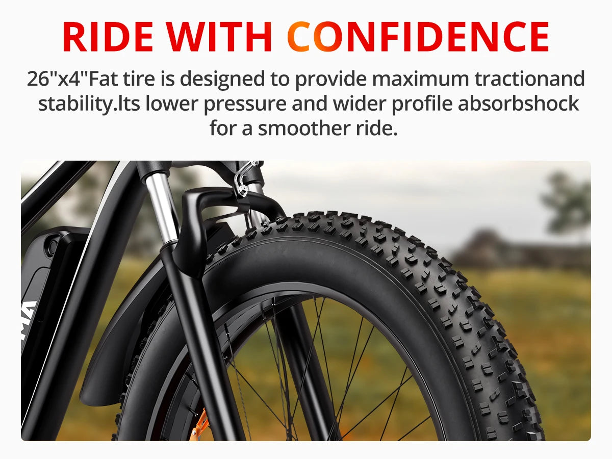 AMYET Electric Bike EB26 Adults Electric Bicycle Peak 1500W 48V 15AH e bike 26" Fat Tire Mountain Bike 31mph Electric Dirt Bike